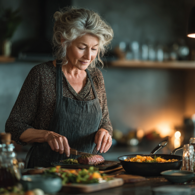 Активна пара похилого віку готує здорову їжу разом на кухні