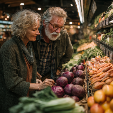 Літня жінка з усмішкою готує здорову їжу за допомогою планшета з рецептами